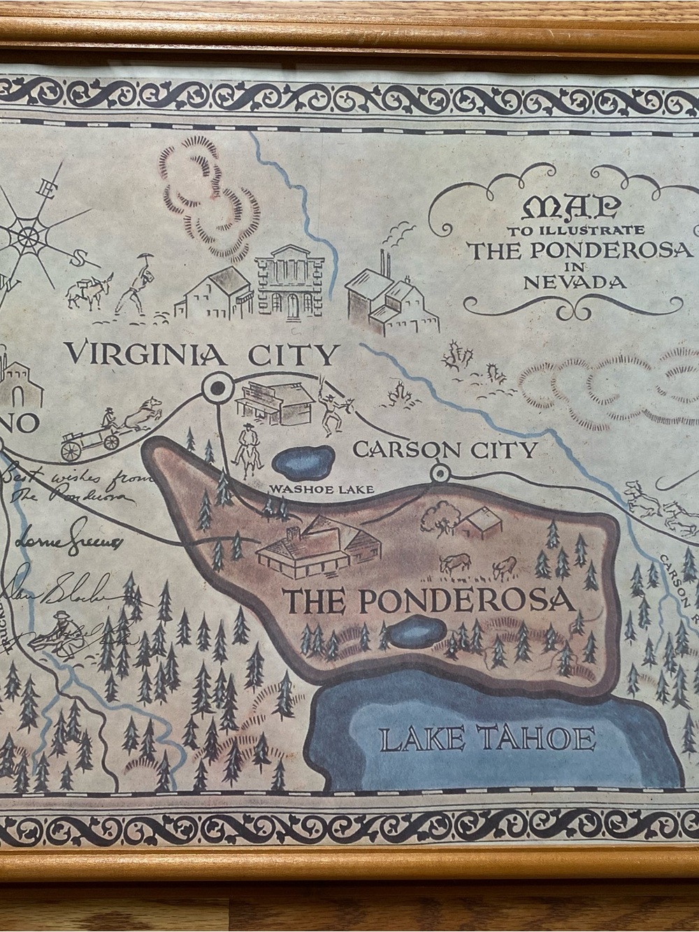 Vintage Framed 1967 Bonanza TV Show Ponderosa Ranch Map Print W/Signatures